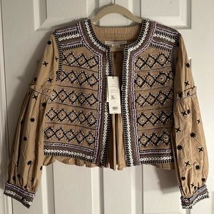 NWT Veronica Beard Rocci Embellished Cotton Poplin Crop Jacket, Tan, Size Large